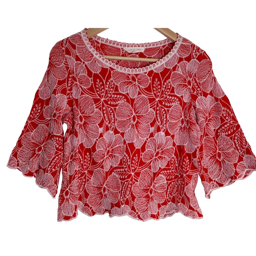 Solitaire Red White Floral Embroidered Crop Top Bell Sleeves Boho Chic Women S